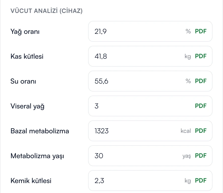 Çıktıdan dolan alanlar: yağ oranı, kas kütlesi ve su oranı; her birinin yanında PDF işareti