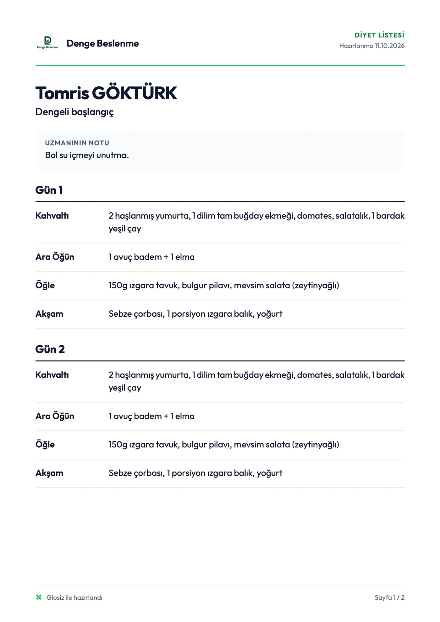 Klinik logolu diyet listesi PDF sayfası