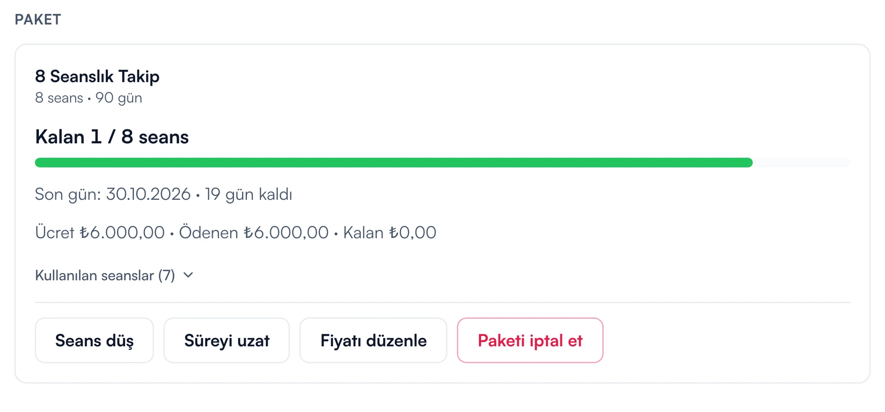 Örnek danışanın paketi: kalan seans ve son gün