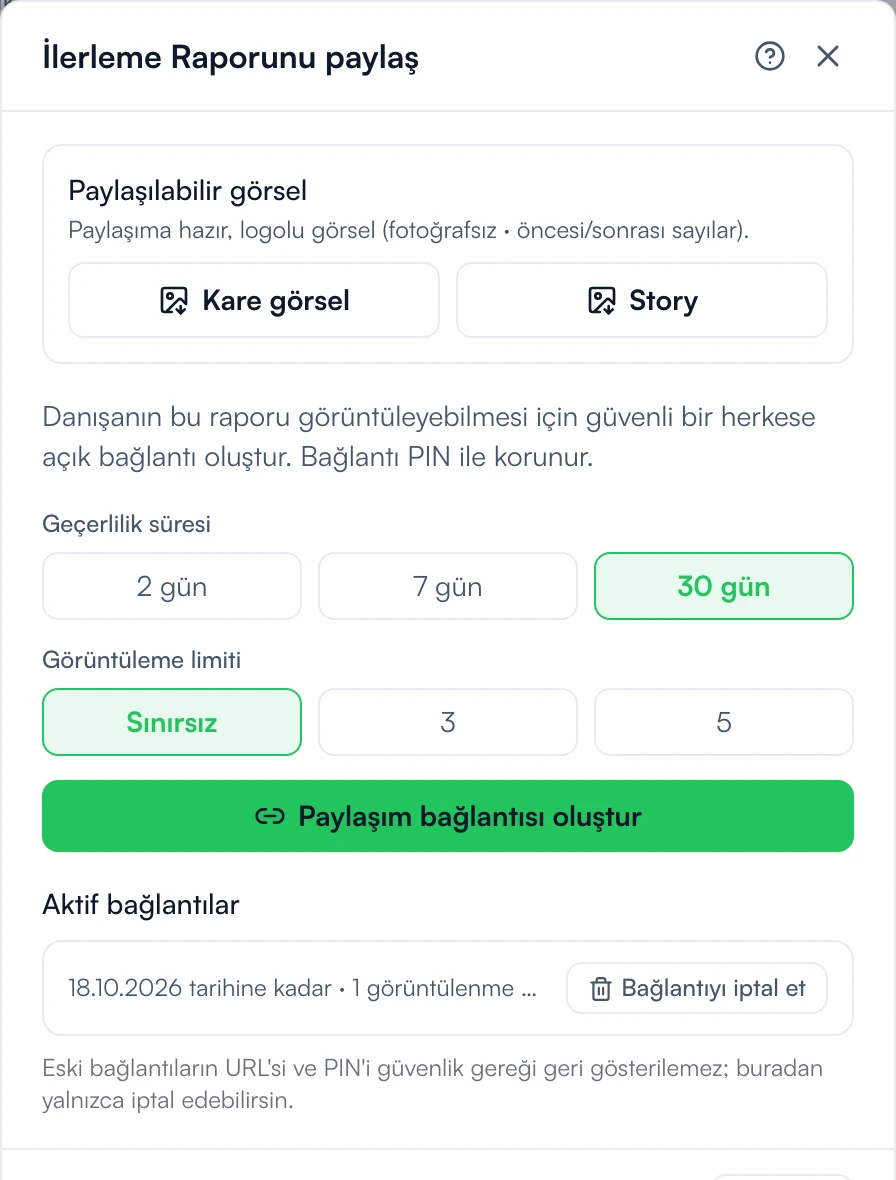 Paylaş penceresi: geçerlilik süresi ve görüntüleme limiti