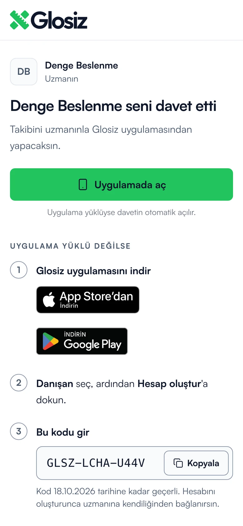 Davet sayfası: uygulamada aç düğmesi ve davet kodu