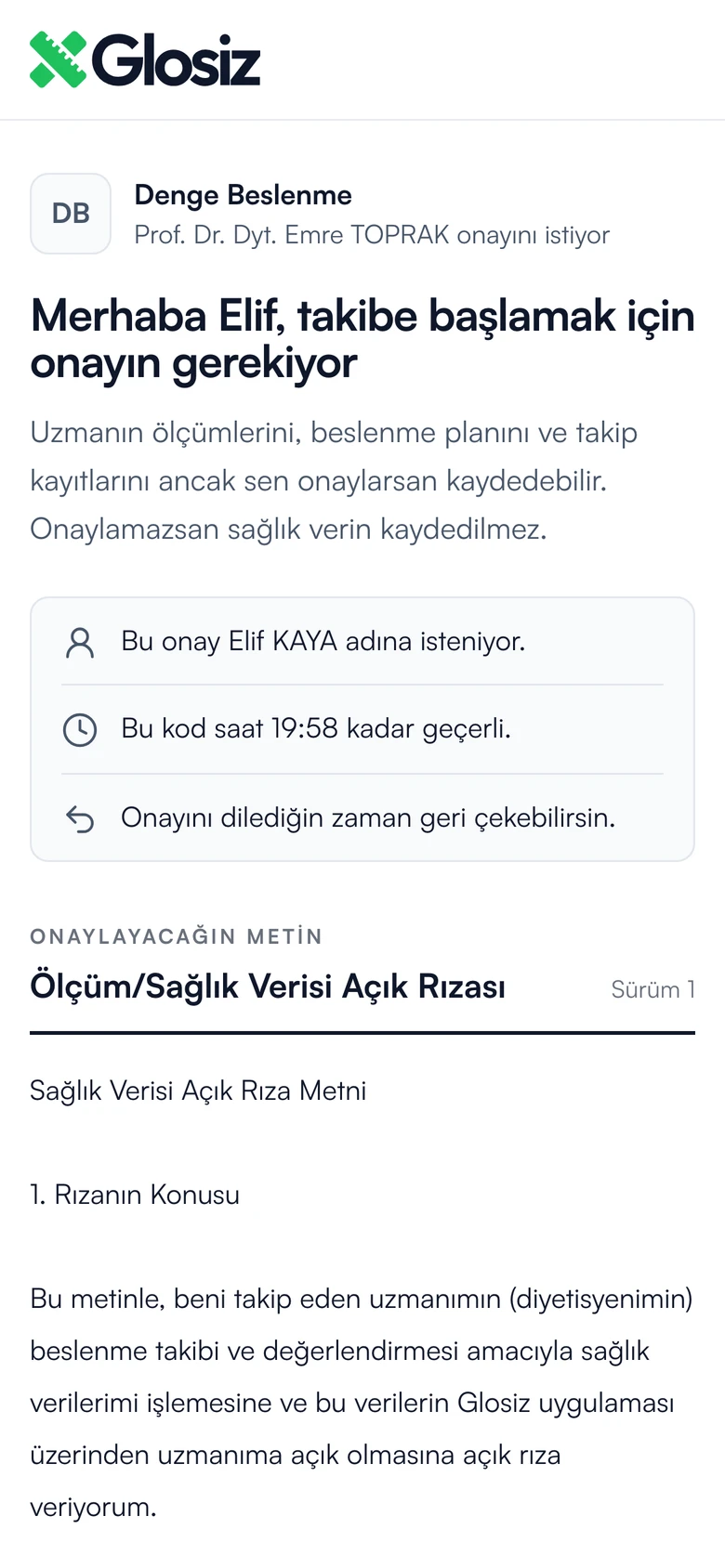 İzin sayfası: takibe başlamak için danışanın onayı isteniyor