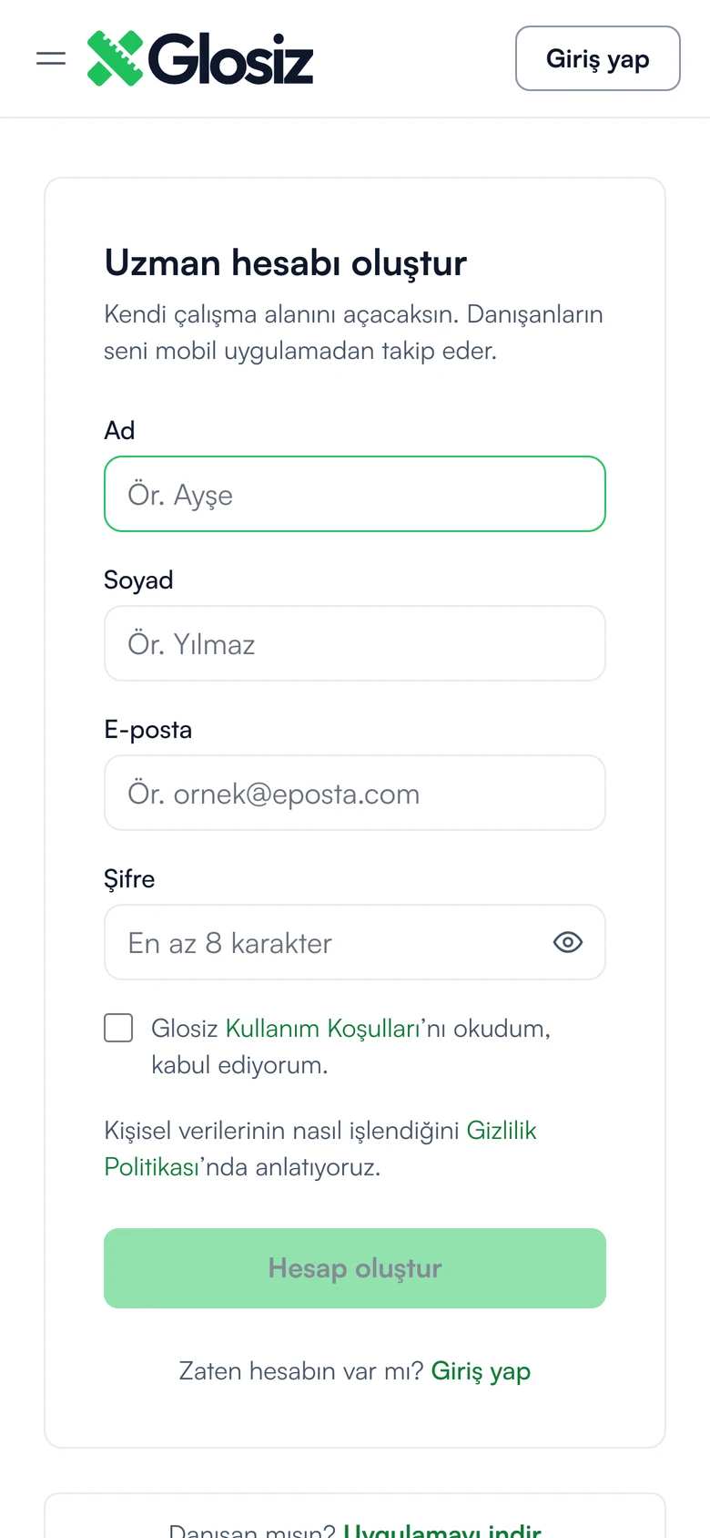Uzman hesabı oluşturma formu: ad, soyad, e-posta, şifre ve hesap oluşturma düğmesi