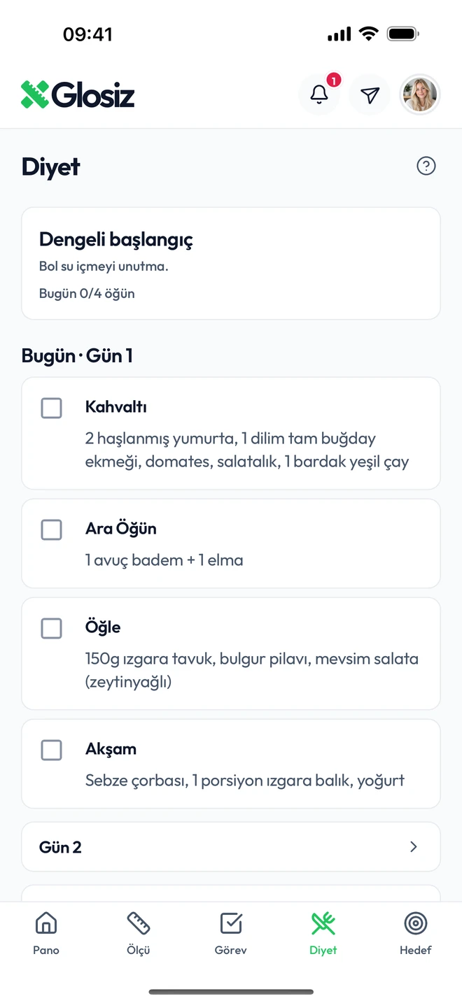 Diyet sekmesi: liste ve bugünün öğünleri