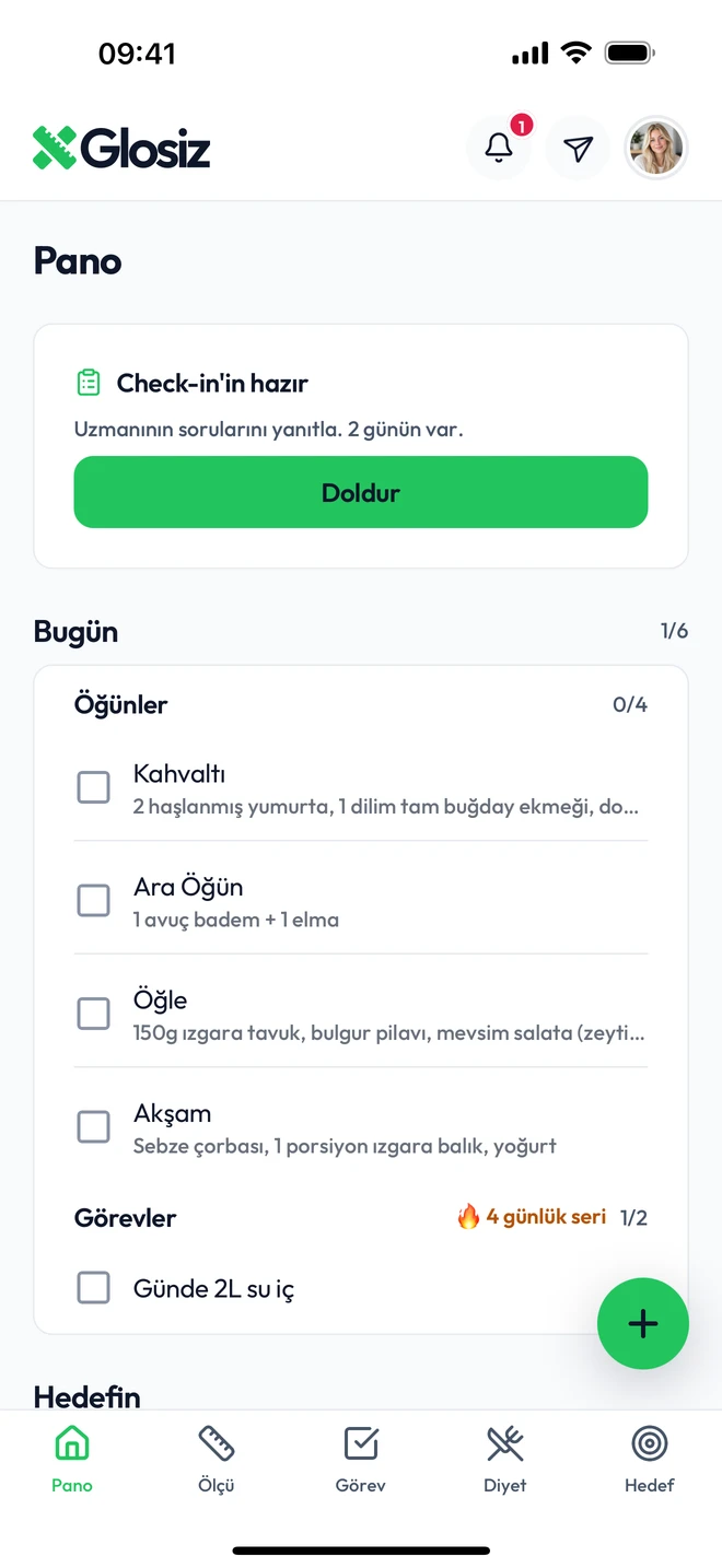 Danışanın telefonu: bugünün öğünleri, görevi ve hazır soru formu